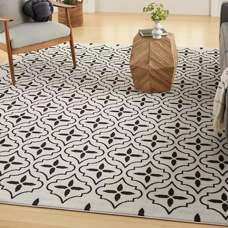 Outdoor Rugs-Kirklands Home Ivory & Black Quatrefoil Indoor/Outdoor Rug, 5x7