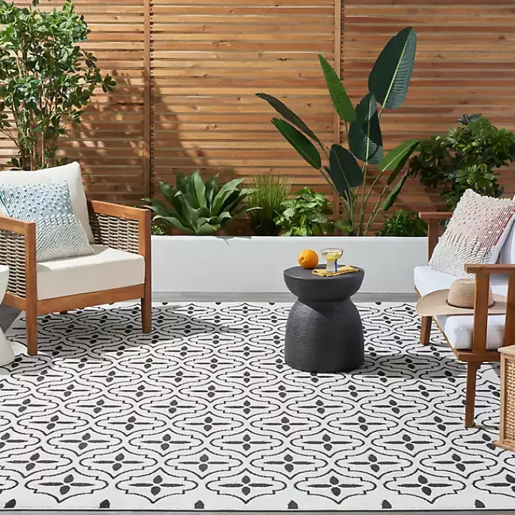 Outdoor Rugs-Kirklands Home Ivory & Black Quatrefoil Indoor/Outdoor Rug, 8x10