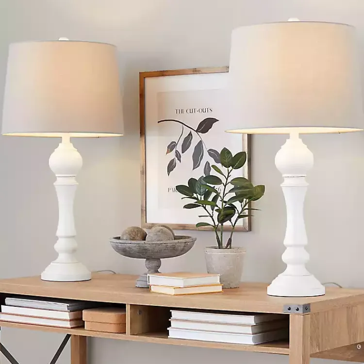 Table Lamps-Kirklands Home Distressed Off- Wilton Table Lamps, Set of 2 White