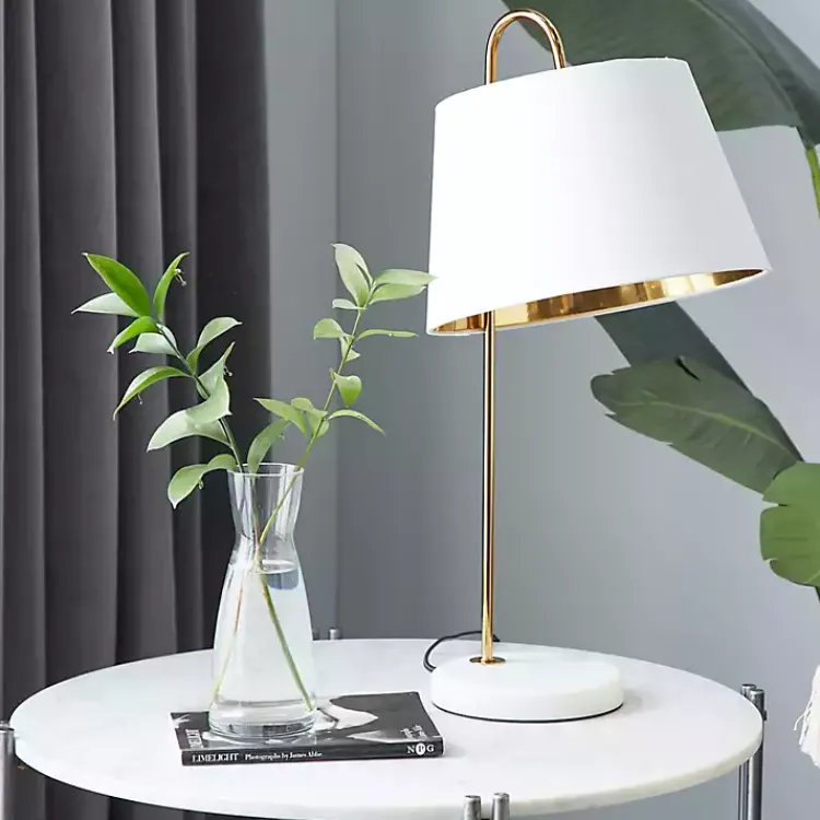 Table Lamps-Kirklands Home Gold Metal and Faux Silk Shade Table Lamp White