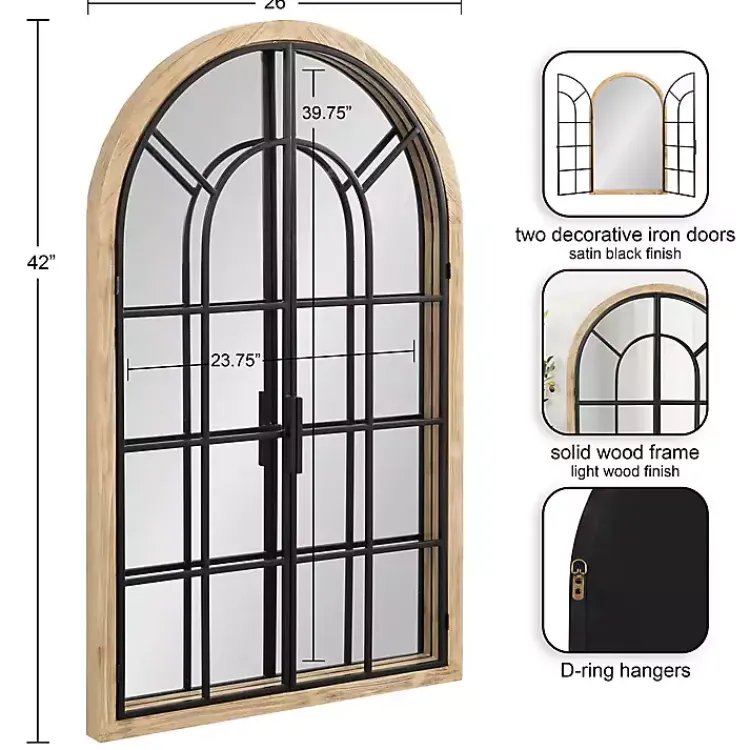 Decorative Mirrors-Kirklands Home Natural Wood and Metal Arch Windowpane Wall Mirror