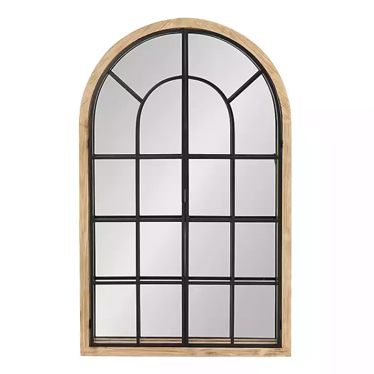 Decorative Mirrors-Kirklands Home Natural Wood and Metal Arch Windowpane Wall Mirror