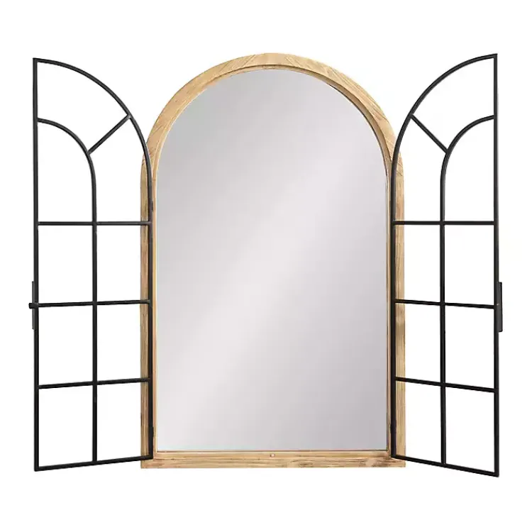 Decorative Mirrors-Kirklands Home Natural Wood and Metal Arch Windowpane Wall Mirror