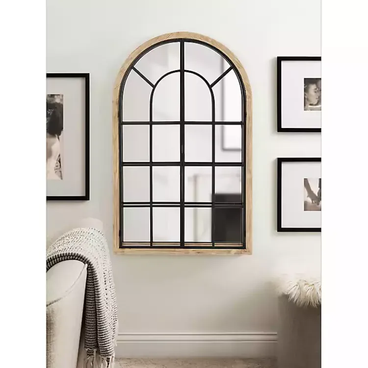 Decorative Mirrors-Kirklands Home Natural Wood and Metal Arch Windowpane Wall Mirror