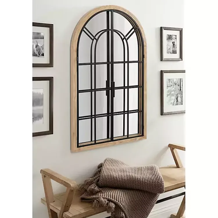 Decorative Mirrors-Kirklands Home Natural Wood and Metal Arch Windowpane Wall Mirror