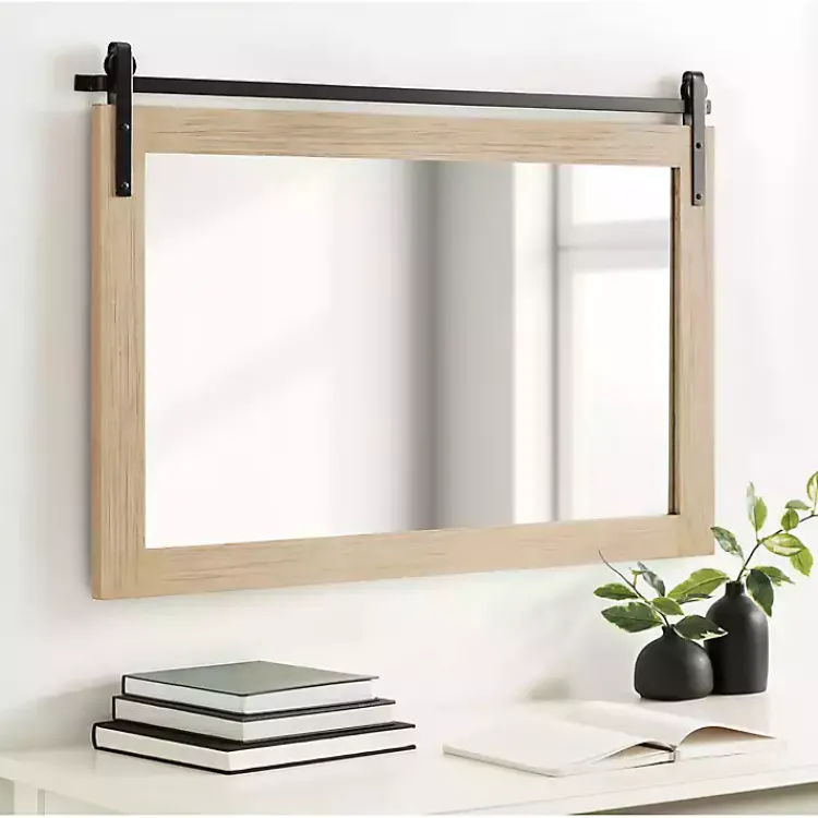 Decorative Mirrors-Kirklands Home Natural Wood Metal Barn Door Wall Mirror