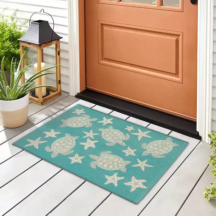 Outdoor Rugs-Kirklands Home Turquoise Turtles Indoor/Outdoor Rug, 2x3