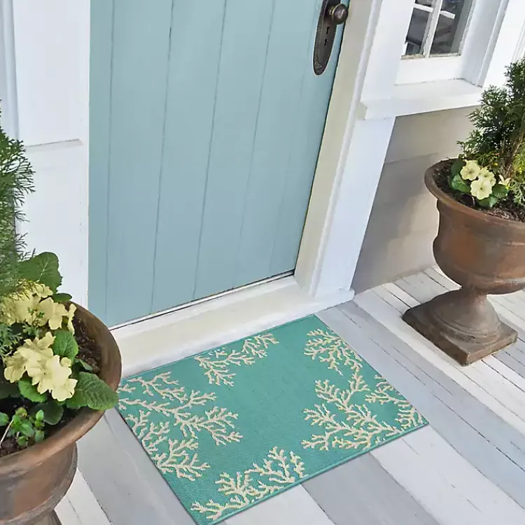 Outdoor Rugs-Kirklands Home Turquoise Coral Indoor/Outdoor Rug, 3x4