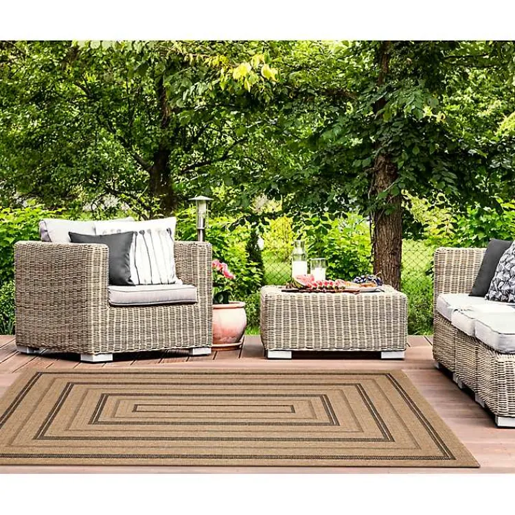 Outdoor Rugs-Kirklands Home Tan and Black Framed Indoor/Outdoor Area Rug, 5x7