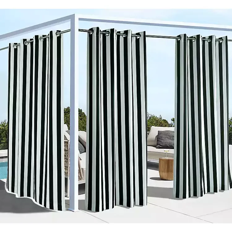 Outdoor Curtains-Kirklands Home Black Coastal Stripe Outdoor Curtain Panel, 96 in.
