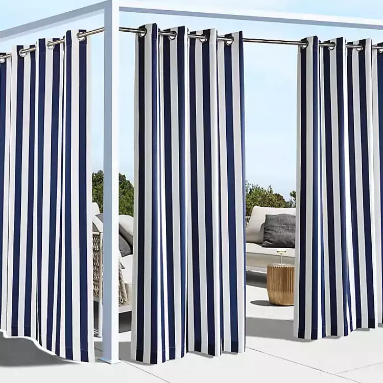 Outdoor Curtains-Kirklands Home Navy Coastal Stripe Outdoor Curtain Panel, 108 in.