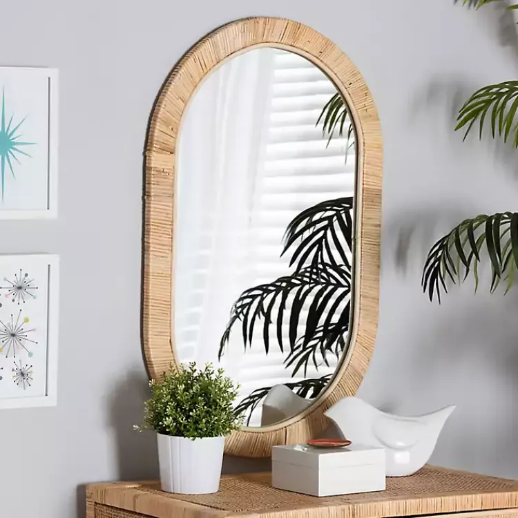 Decorative Mirrors-Kirklands Home Oval Mahogany and Rattan Wall Mirror