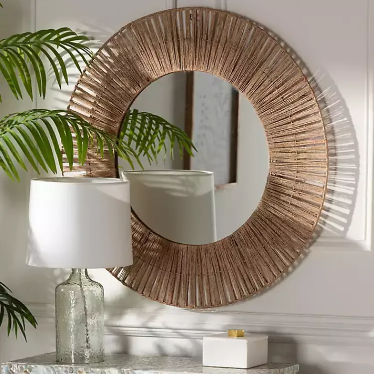 Decorative Mirrors-Kirklands Home Round Geona Metal and Seagrass Wall Mirror