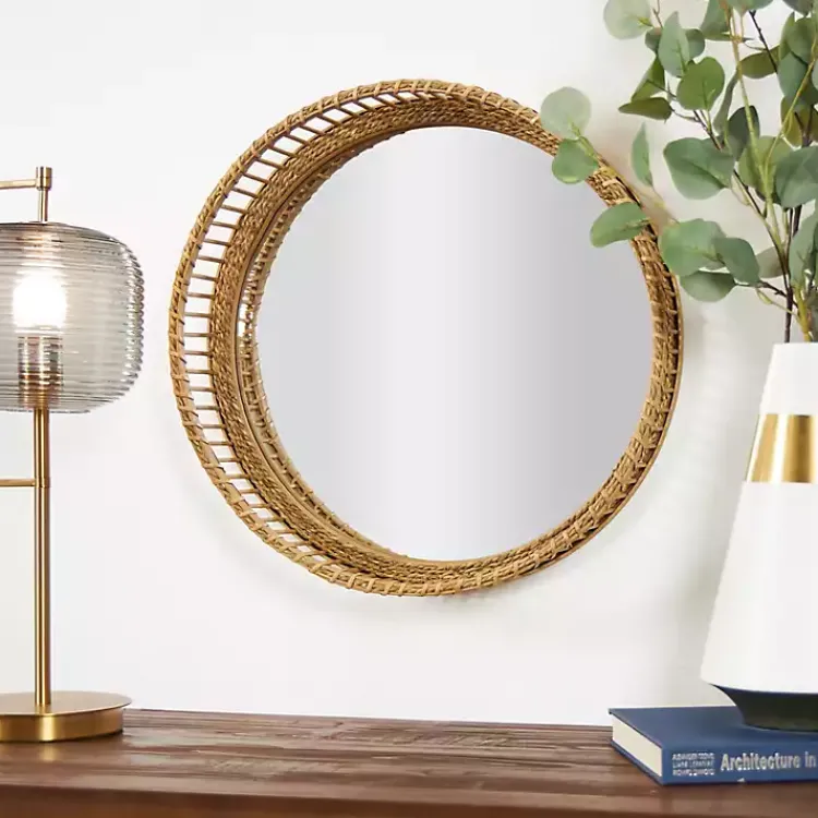 Decorative Mirrors-Kirklands Home Round Seagrass and Bamboo Wall Mirror