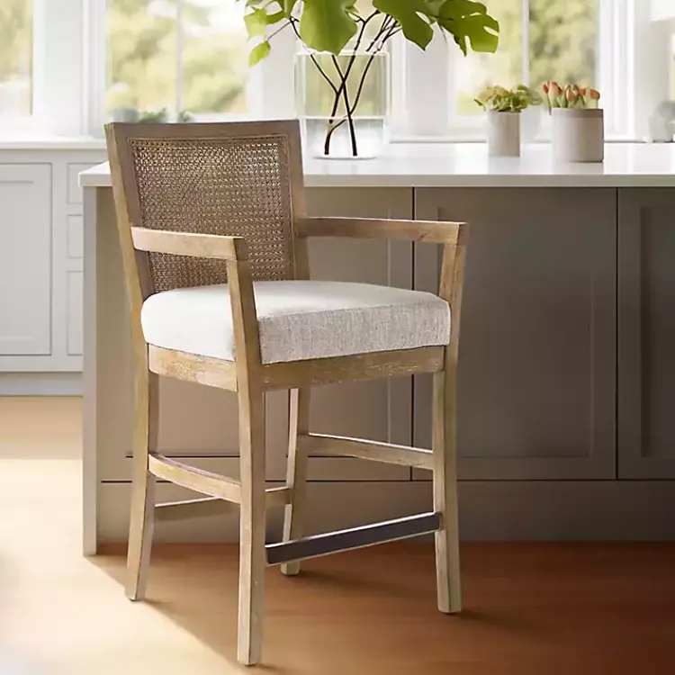 Bar Stools & Counter Height Stools-Kirklands Home Upholstered Cane Backrest Counter Stool Ivory
