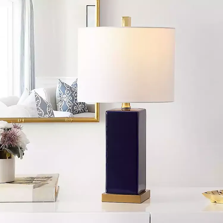 Table Lamps-Kirklands Home Dark Blue Ceramic Square Wendi Table Lamp White