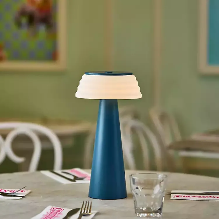 Outdoor Lighting-Kirklands Home Metal Cordless Lamp with White Ribbed Shade Blue