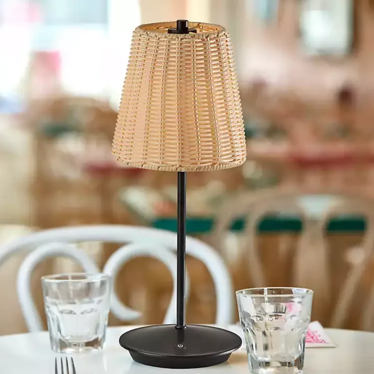 Outdoor Lighting-Kirklands Home Metal Rattan Shade Cordless Table Lamp Black