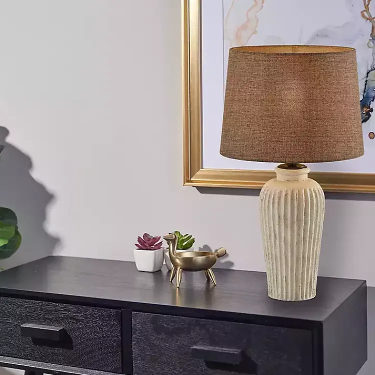 Table Lamps-Kirklands Home Cream Ribbed Ceramic Shade Table Lamp Brown