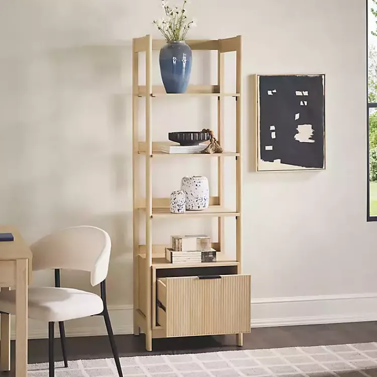 Bookshelves-Kirklands Home Natural Reeded Wood Holmes Narrow Bookcase Tan