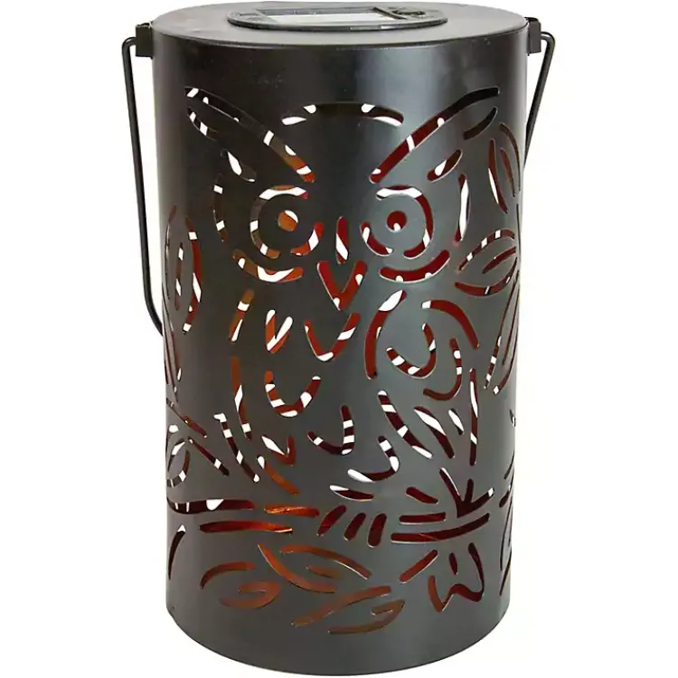 Outdoor Lighting-Kirklands Home Metal Owl Dusk-to-Dawn Outdoor Solar Lantern Black