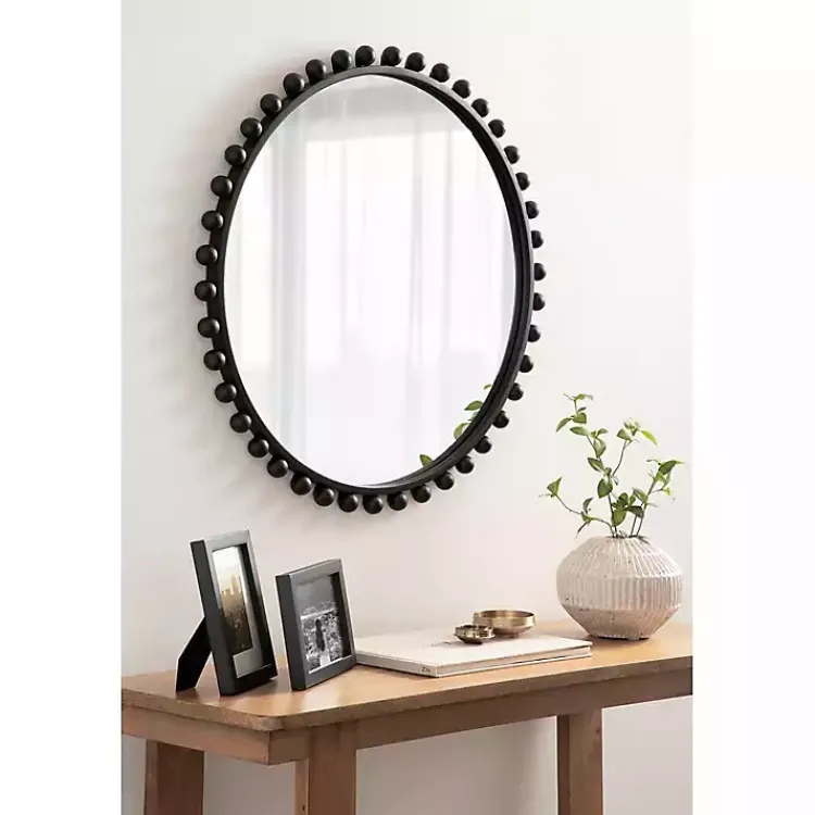 Decorative Mirrors-Kirklands Home Round Black Beaded Metal Wall Mirror