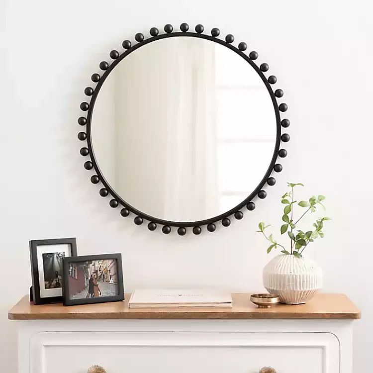 Decorative Mirrors-Kirklands Home Round Black Beaded Metal Wall Mirror