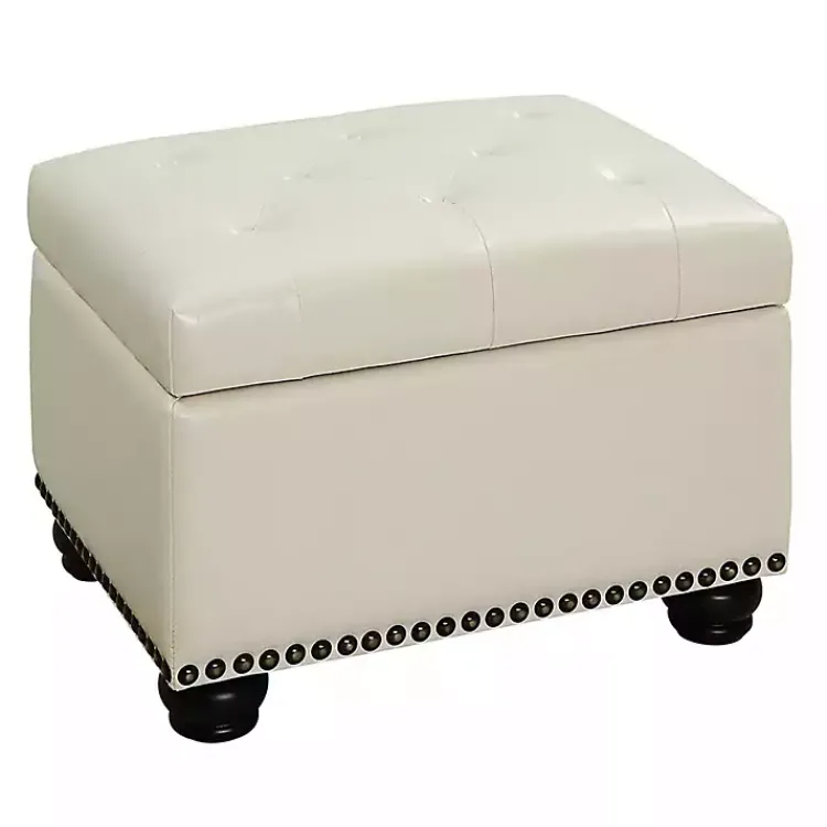 Benches & Ottomans-Kirklands Home Faux Leather Jessy Storage Ottoman Ivory