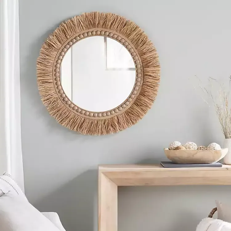 Decorative Mirrors-Kirklands Home Round Natural Rattan Beaded Wall Mirror